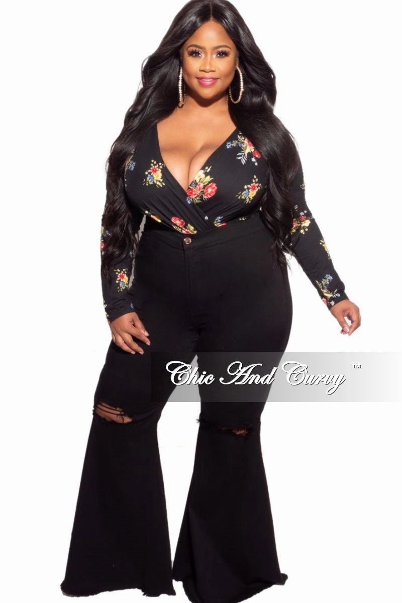 Final Sale Plus Size Long Sleeve Faux Wrap Bodysuit in Black Floral Print Sport Performance Design