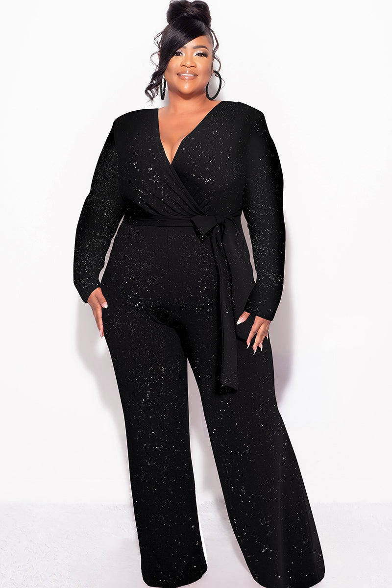HypoallergenicFabric TaglessDesign Final Sale Plus Size Long Sleeve Faux Wrap Jumpsuit with Attached Tie in Black Glitter Fabric