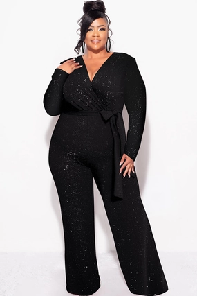 ThermalRegulationLayer Final Sale Plus Size Long Sleeve Faux Wrap Jumpsuit with Attached Tie in Black Glitter Fabric