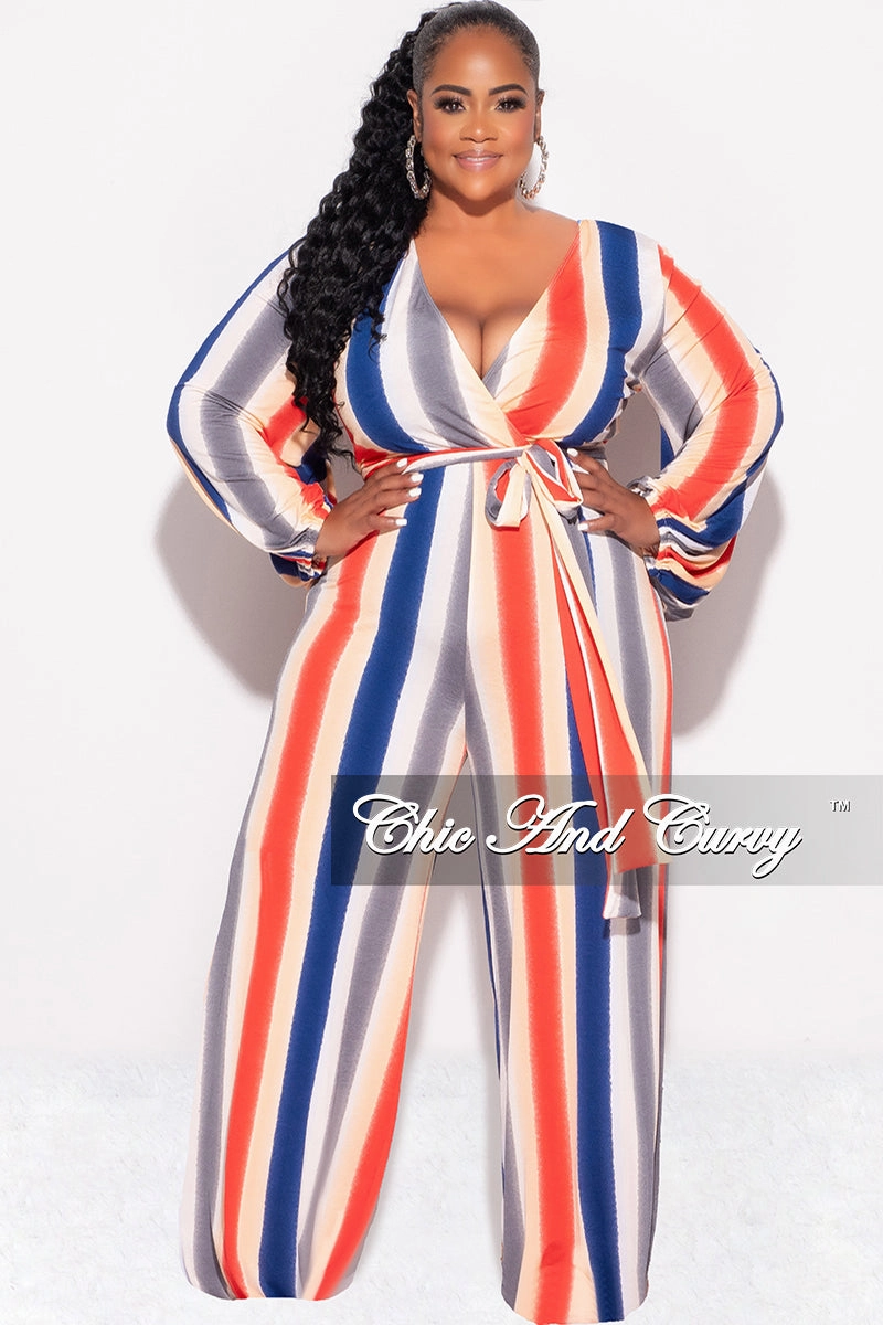 Final Sale Plus Size Long Sleeve Faux Wrap Jumpsuit with Attached Tie in Stripe Print Layered Look HighRiseWaist