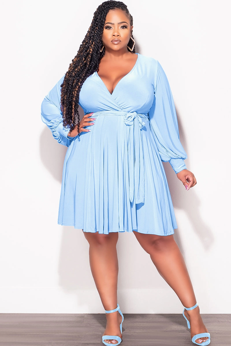 Final Sale Plus Size Long Sleeve Faux Wrap Skater Dress in Baby Blue Tailored Wear Comfort Wear