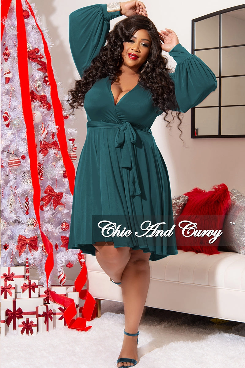 Wide Shoulder Cut Final Sale Plus Size Long Sleeve Faux Wrap Skater Dress in Hunter Green