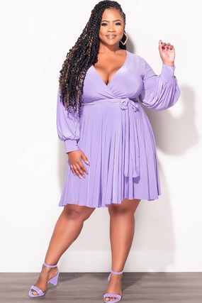 Final Sale Plus Size Long Sleeve Faux Wrap Skater Dress in Purple Wide fit