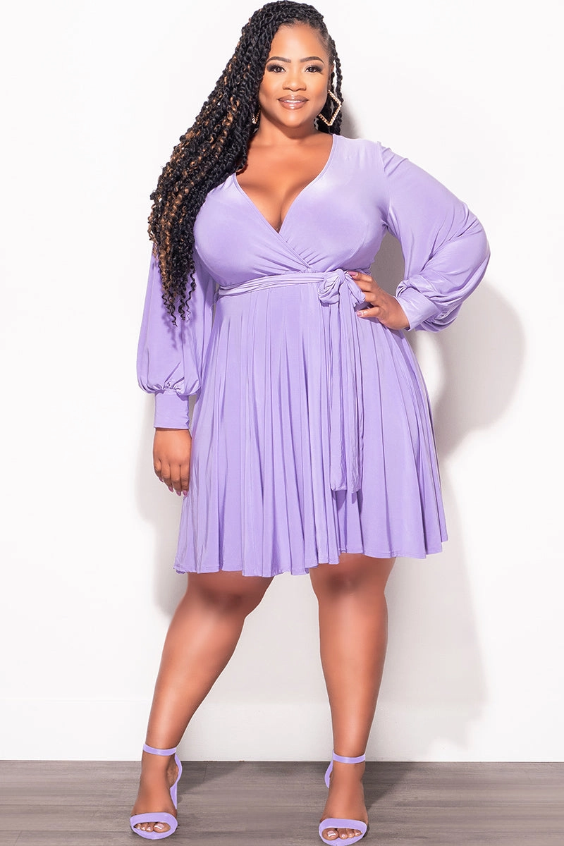 Quick Access Pockets Final Sale Plus Size Long Sleeve Faux Wrap Skater Dress in Purple