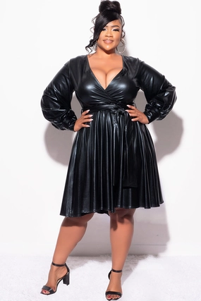 Flowy legs Final Sale Plus Size Long Sleeve Faux Wrap Skater Dress in Vegan Liquid Black