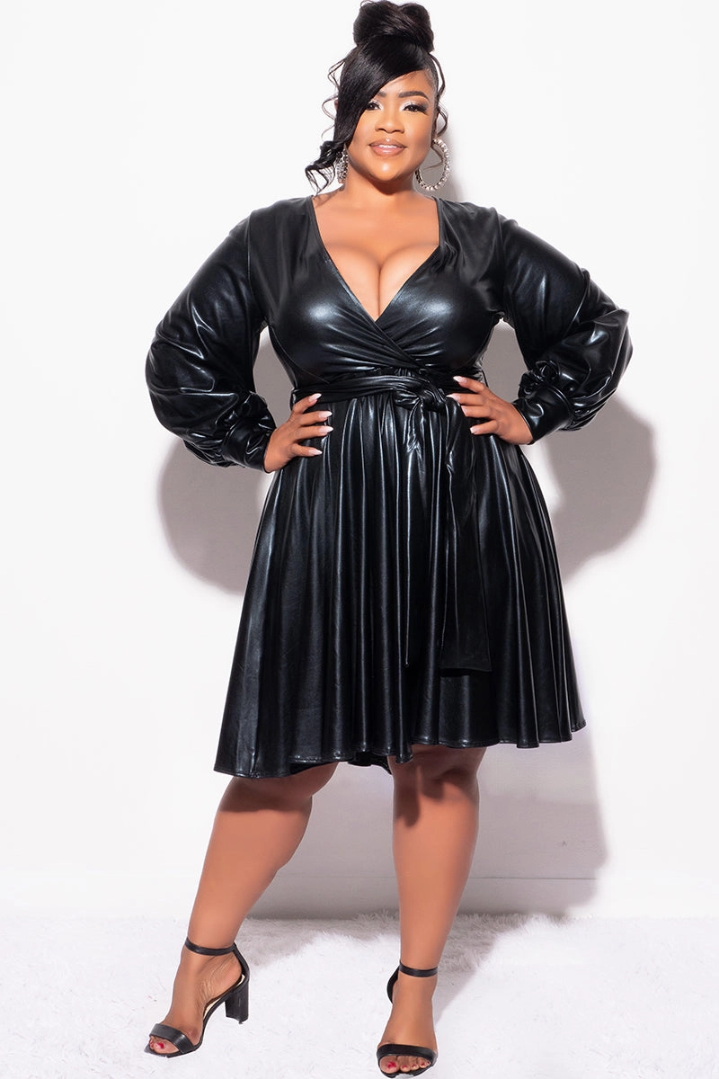 Flowy legs Final Sale Plus Size Long Sleeve Faux Wrap Skater Dress in Vegan Liquid Black