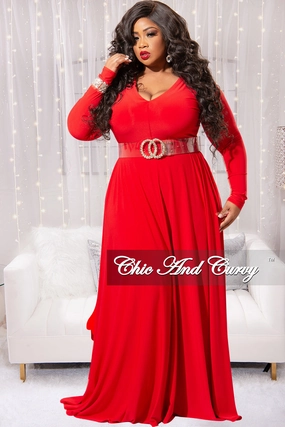 Final Sale Plus Size Long Sleeve Gown with V-Neck in Red All Day Comfort