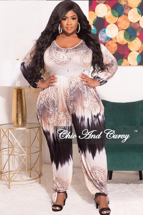 Final Sale Plus Size Long Sleeve Lose Fit Jumpsuit in Brown and Tan Tie Dye Plus-size option