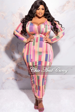 Final Sale Plus Size Long Sleeve Midi Dress with Back Slit in Multi Color Stripe Print Urban Look