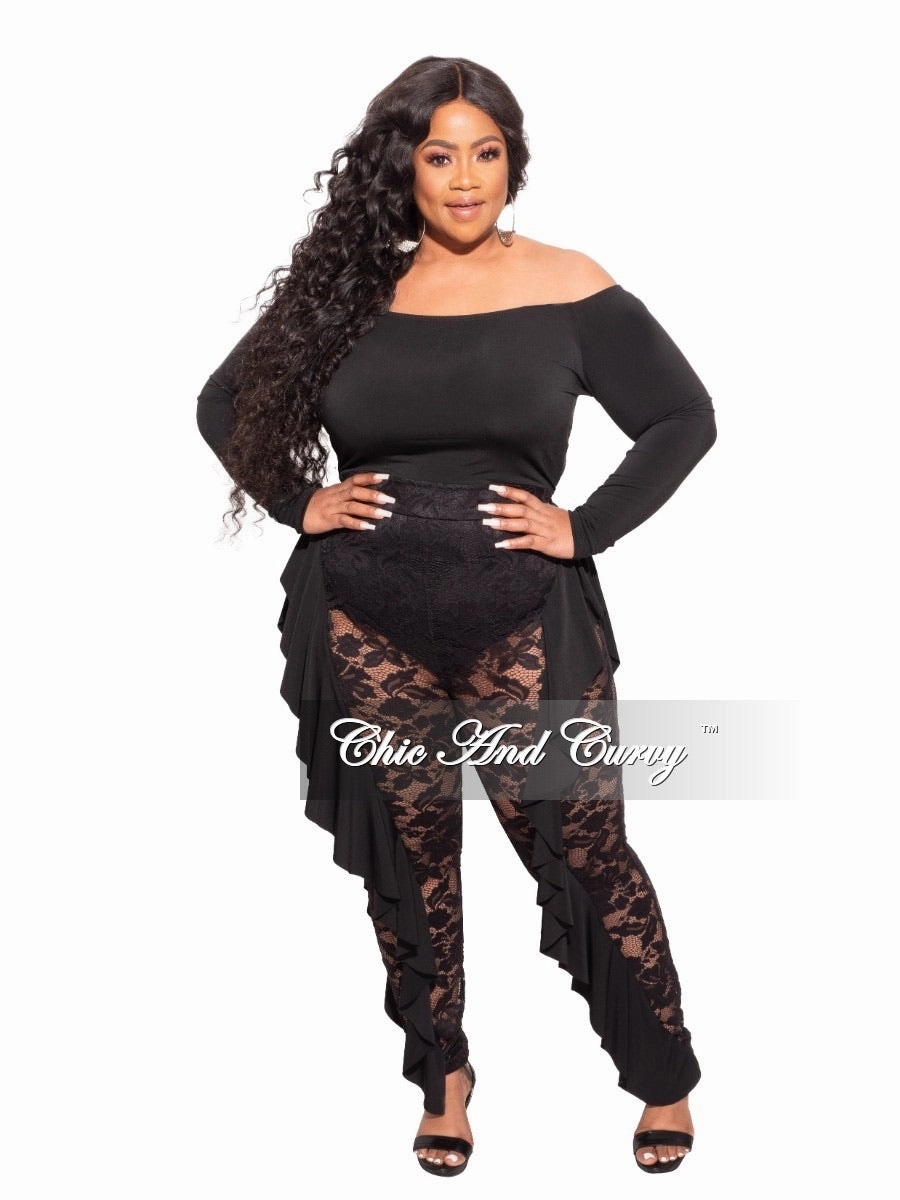 Casual Must-Have Ripped design Final Sale Plus Size Long Sleeve Off The Shoulder Jumpsuit in Black Lace