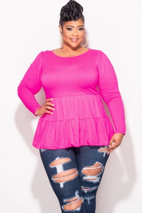 Low Rise Fit Final Sale Plus Size Long Sleeve Peplum Top In Hot Pink