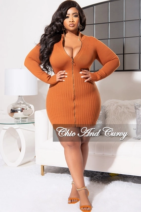 Form Fit Comfort Final Sale Plus Size Long Sleeve Ribbed Knitted Dress/Tunic in Copper