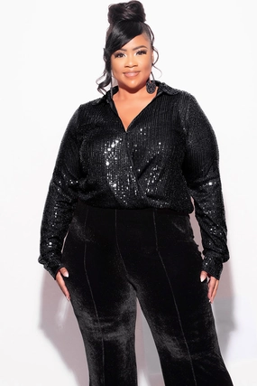 Cool Fabric Final Sale Plus Size Long Sleeve Sequin Top Elastic At The Waist - Black
