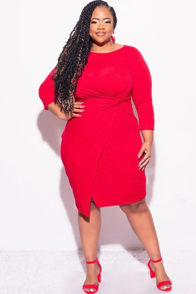 Non Tapered Leg Final Sale Plus Size Long Sleeve Side Knot Wrap Midi Dress in Red