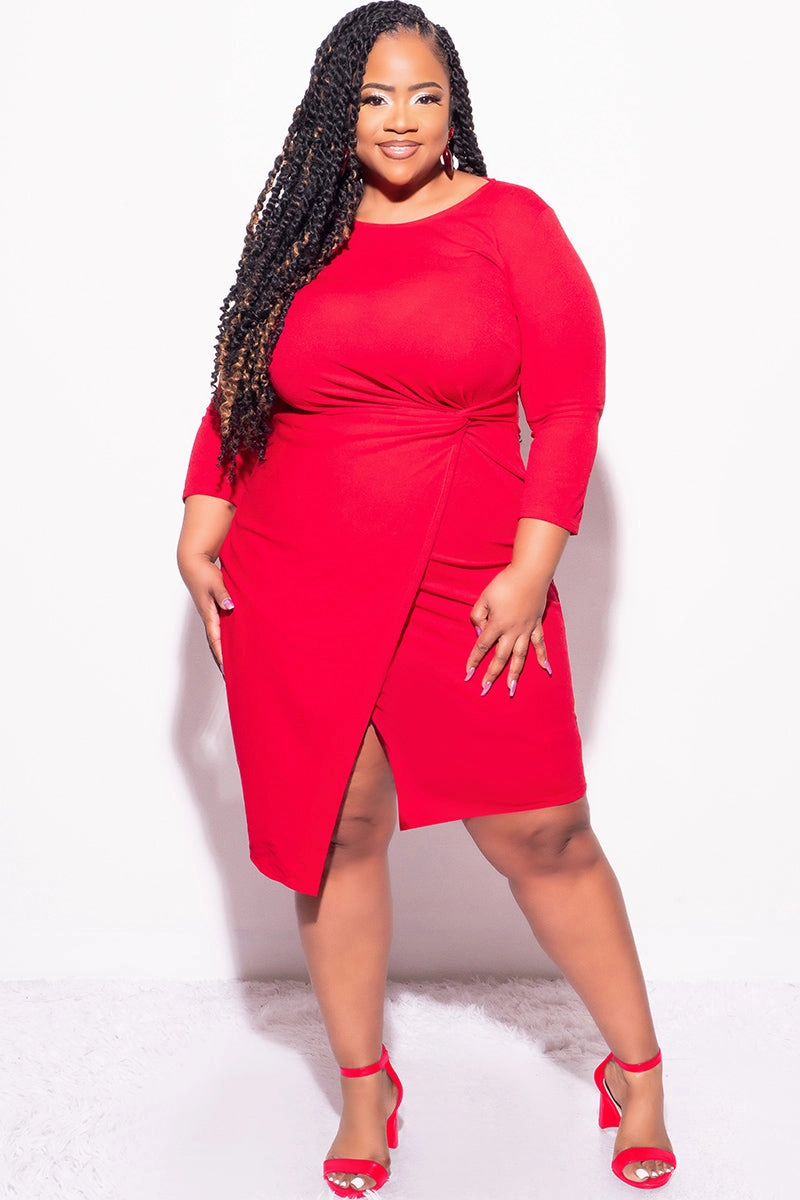Final Sale Plus Size Long Sleeve Side Knot Wrap Midi Dress in Red Sporty Comfort Fit