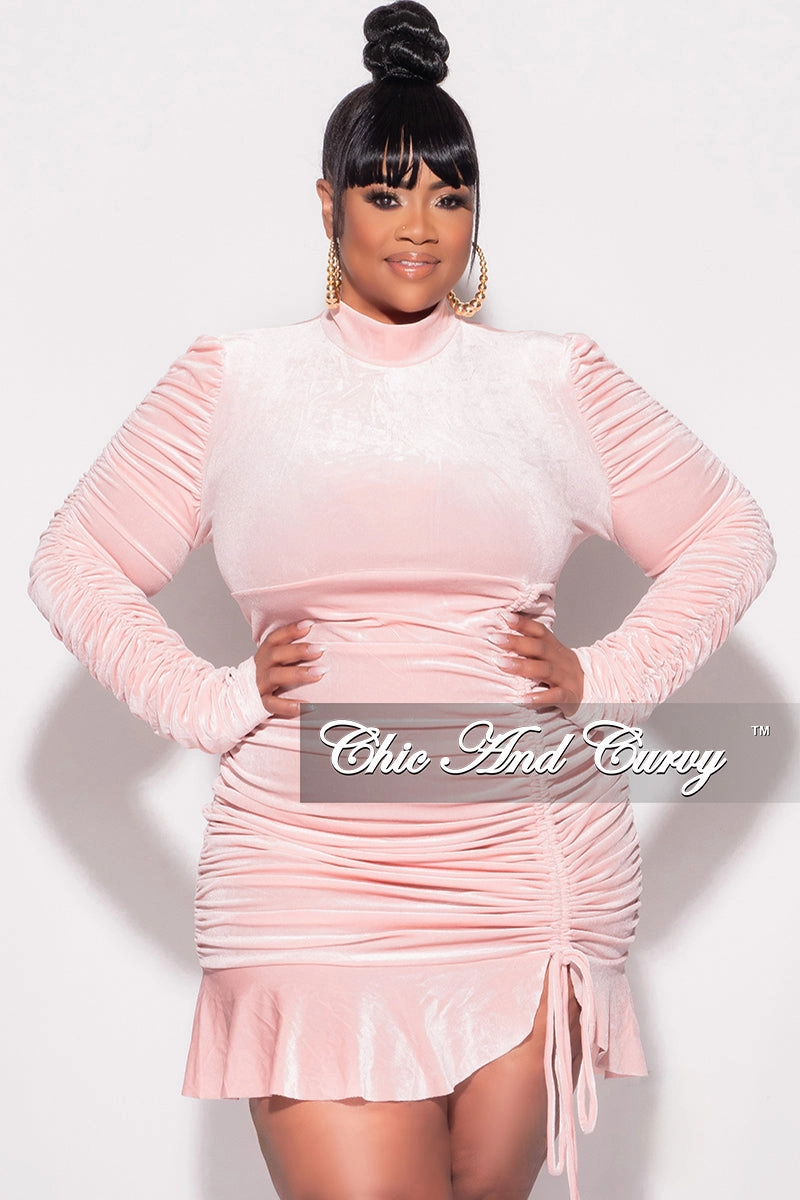 SlimFit Final Sale Plus Size Long Sleeve Velvet Ruched Bodycon Dress with Bottom Ruffle in Mauve