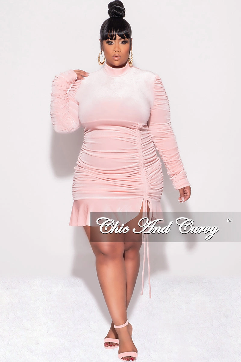 Final Sale Plus Size Long Sleeve Velvet Ruched Bodycon Dress with Bottom Ruffle in Mauve Smart Casual
