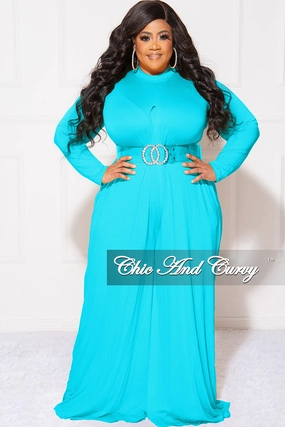 Daily Wear Lightweight Final Sale Plus Size Long Sleeve Wide Leg Jumpsuit in Turquoise Blue