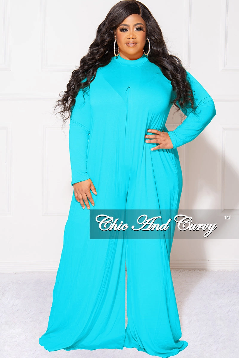 Final Sale Plus Size Long Sleeve Wide Leg Jumpsuit in Turquoise Blue Comfortable Movement Versatile Layer