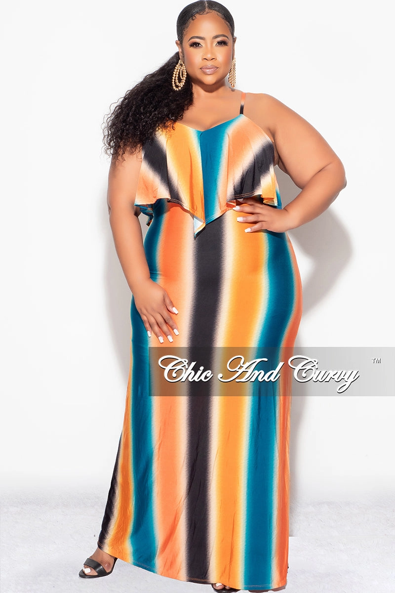 Final Sale Plus Size Maxi Dress with Spaghetti Straps & Overlay Ruffle in Orange, Black & Teal Vertical Stripes Stylish Comfort Odor Control Treatment