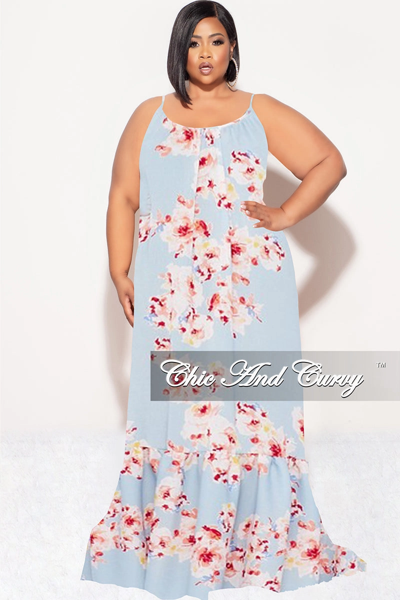 Final Sale Plus Size Maxi Dress with Spaghetti Straps in Blue Floral Print Easy Care Fabric Finish