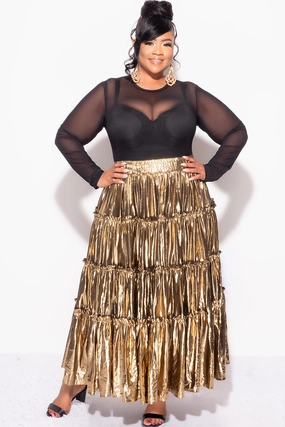 Final Sale Plus Size Maxi Tiered Skirt in Metallic Gold Thermoregulating Fabric