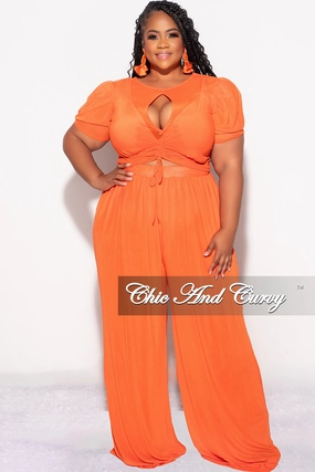 Multi Pocket Design Plaid detail Final Sale Plus Size Mesh 3pc Set Top, Bralette, & Pant with Briefs in Orange