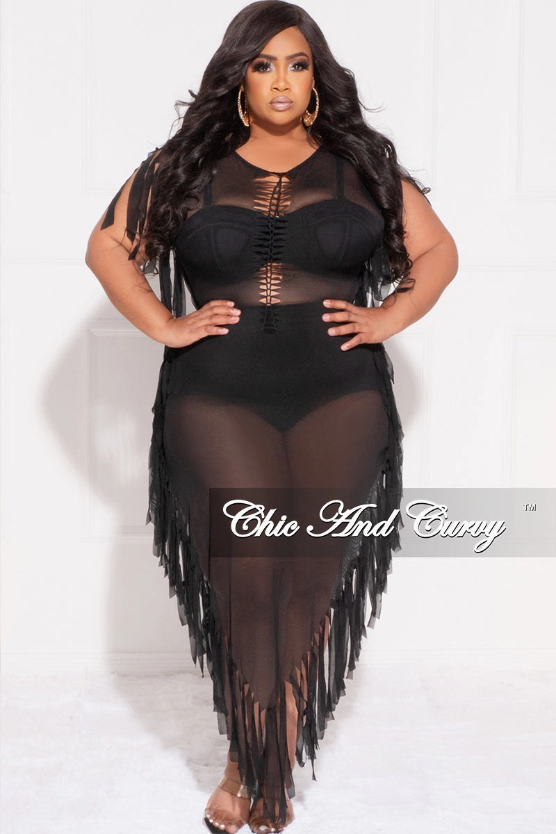 Secure fit Quick drying material Final Sale Plus Size Mesh Cover-Up Dress with Cutout Front and Fringe Trim in Black