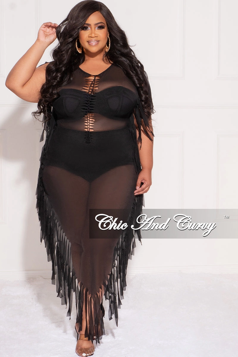 Odor Resistant Treatment Final Sale Plus Size Mesh Cover-Up Dress with Cutout Front and Fringe Trim in Black