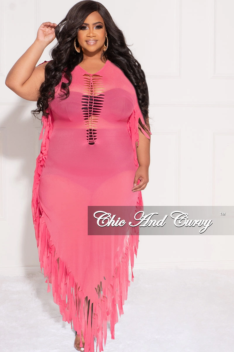 Breathable mesh design Final Sale Plus Size Mesh Cover-Up Dress with Cutout Front and Fringe Trim in Hot Pink