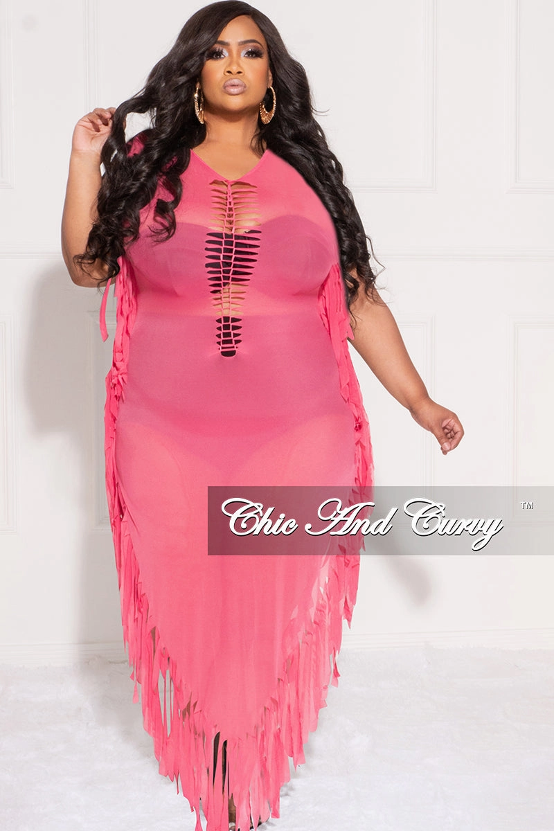 Everyday Comfort Fit Relax Fit Wear Final Sale Plus Size Mesh Cover-Up Dress with Cutout Front and Fringe Trim in Hot Pink
