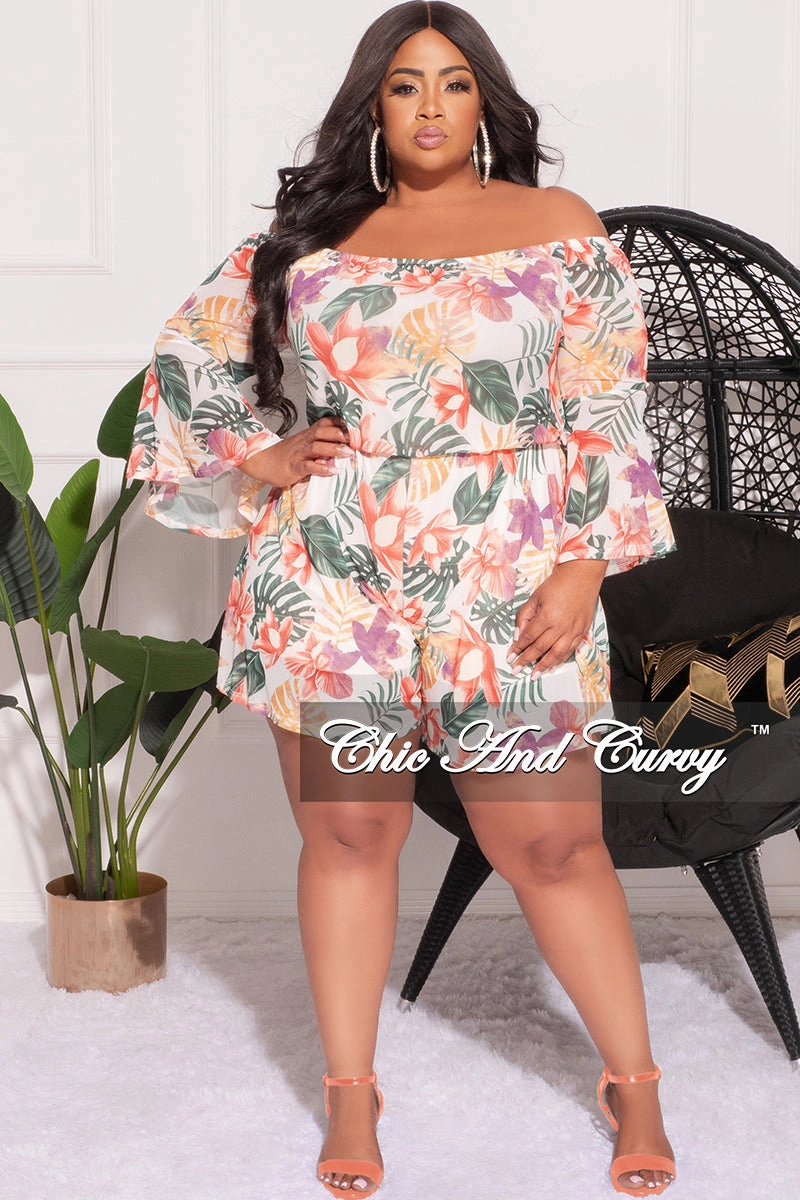 Breathable Waistband Carbon Infused Fabric Final Sale Plus Size Mesh Off the Shoulder Bell Sleeve Romper in White Floral Print