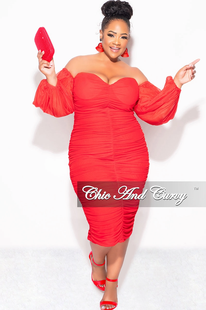 Embroidered Detail Final Sale Plus Size Mesh Shirring Tube Midi Dress with Mesh Sleeves in Red