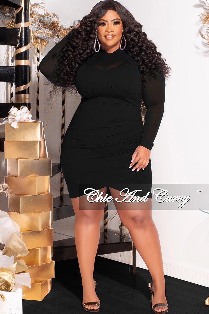 Final Sale Plus Size Mesh Top BodyCon Dress in Black Layered Placket Design