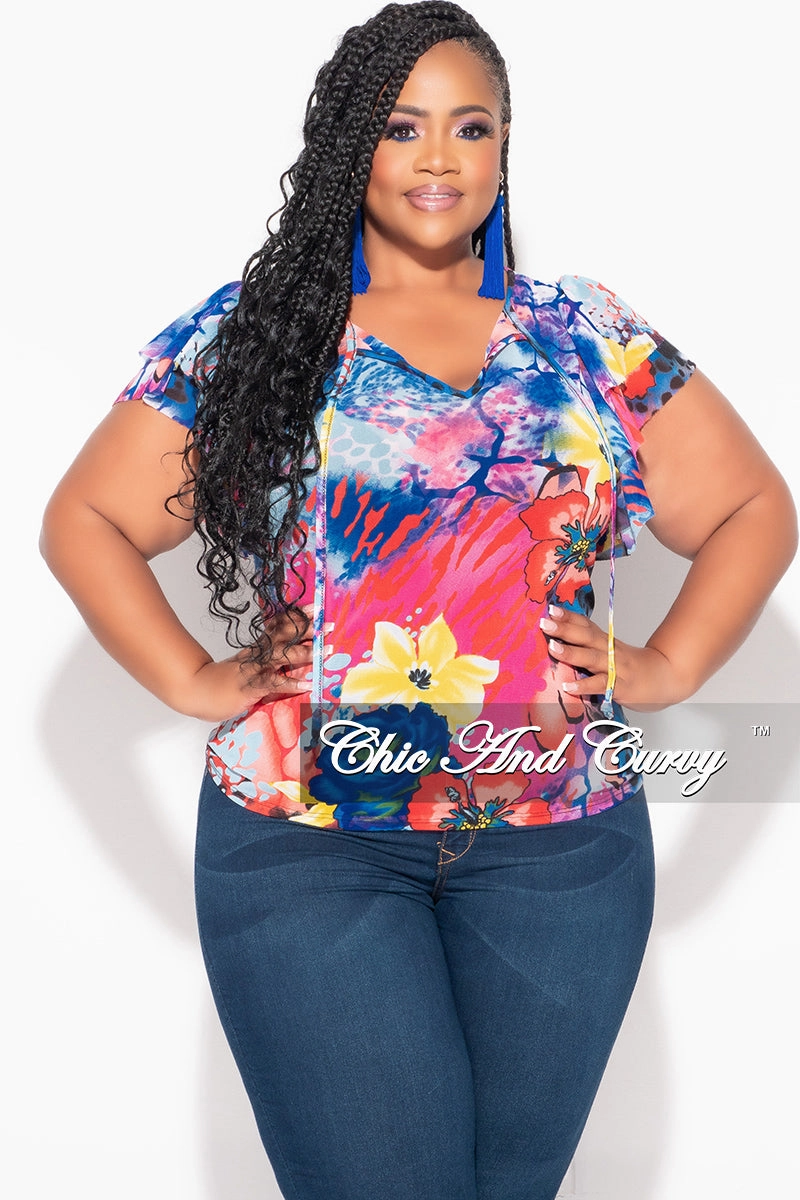 Final Sale Plus Size Mesh Top with Layered Sleeves in Multi Color Print Flexible Knee Articulation