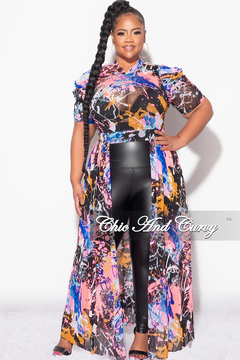 Movement Comfort Quick Wear Final Sale Plus Size Mesh Top with Train in Royal Blue Multi Color Print
