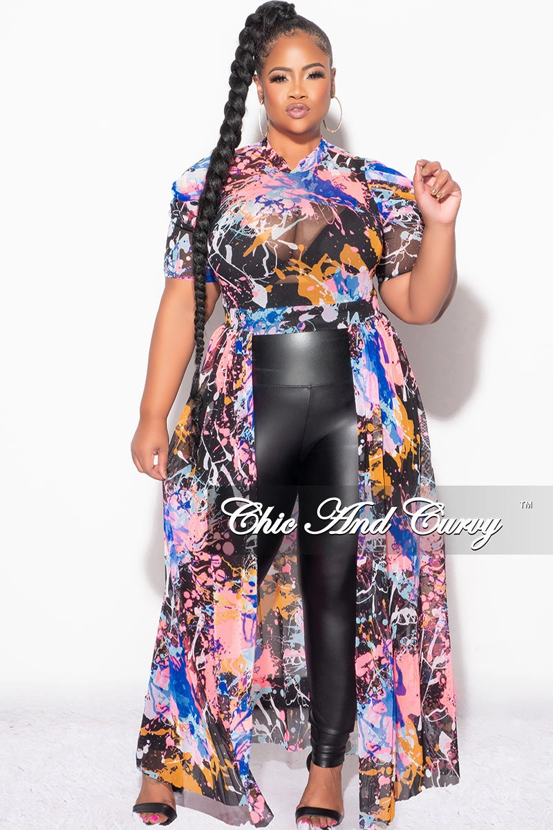 Final Sale Plus Size Mesh Top with Train in Royal Blue Multi Color Print Easy Wear Recycled fibers