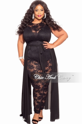 Final Sale Plus Size Mesh Train Lace Jumpsuit in Black Active Utility Trail Ready