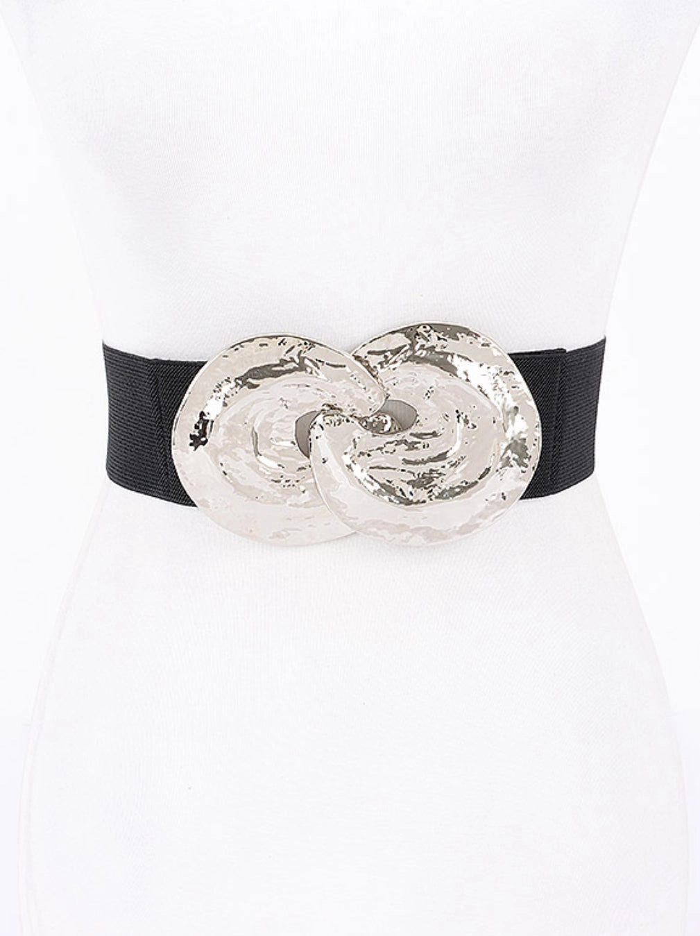 No Frills Fit Fashion Fit Final Sale Plus Size Metal Buckle Stretch Hammered Plate Belt in Silver and Black