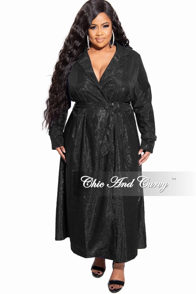 Relaxed Crew Neck Opening Microfiber Blended Fabric Final Sale Plus Size Metallic Collar Dress / Trench Coat with Belt in Black