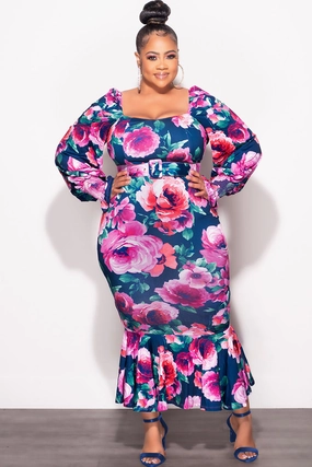 Athletic Fit Final Sale Plus Size Midi BodyCon Dress with Ruffle Bottom in Navy Floral Print
