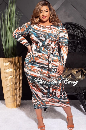 Final Sale Plus Size Midi BodyCon Dress with Waist in Multi Color Print Low Bulk Material