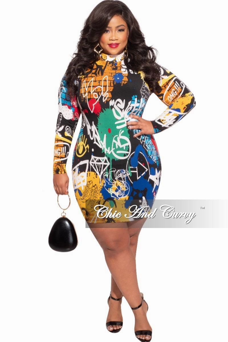 Final Sale Plus Size Mini BodyCon Dress in Graffiti Print Workwear Formal Look