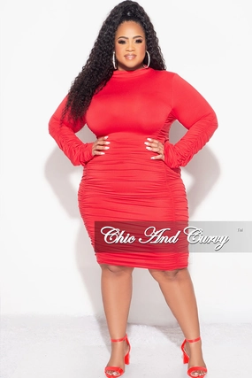 Final Sale Plus Size Mock Neck Ruched Dress in Red Cozy Material Abrasion Resistant Fabric