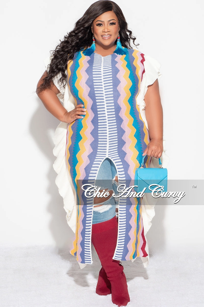 Functional Comfort Wear Stretching Fit Final Sale Plus Size Moroccan Dress/Top in Blue, Mustard & Burgundy Zig Zag Print