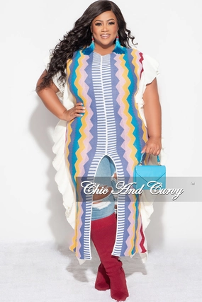 Functional Comfort Wear Stretching Fit Final Sale Plus Size Moroccan Dress/Top in Blue, Mustard & Burgundy Zig Zag Print