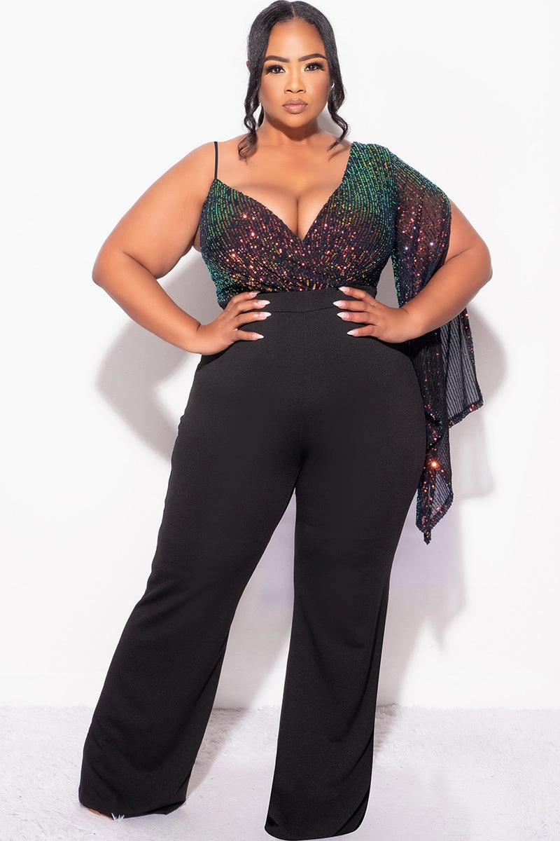 Self Fabric Tie Closure Final Sale Plus Size Multi Color Sequin Faux Wrap One Shoulder Jumpsuit with Slit Sleeve in Black