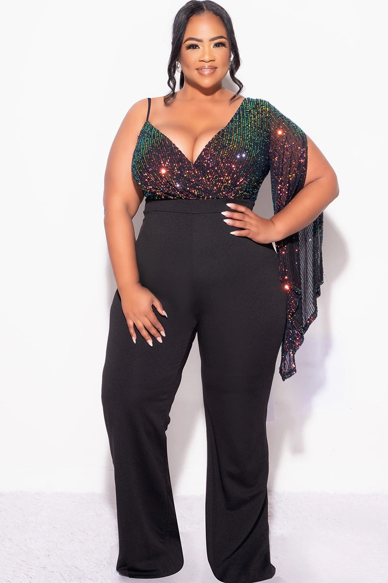 Final Sale Plus Size Multi Color Sequin Faux Wrap One Shoulder Jumpsuit with Slit Sleeve in Black Comfortable Design