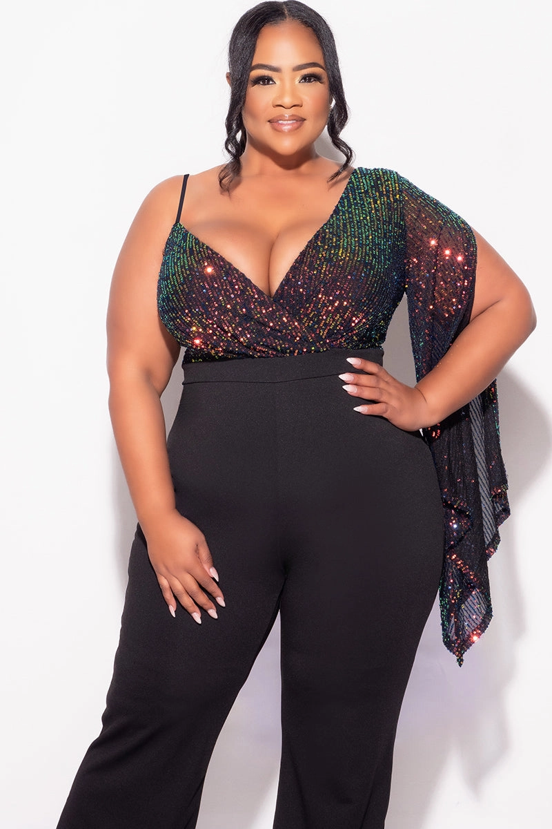Final Sale Plus Size Multi Color Sequin Faux Wrap One Shoulder Jumpsuit with Slit Sleeve in Black Anti Pilling