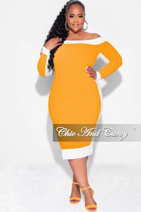 Comfy Cut Structured Hemline Final Sale Plus Size Off the Shoulder BodyCon Dress in Mustard with White Trim